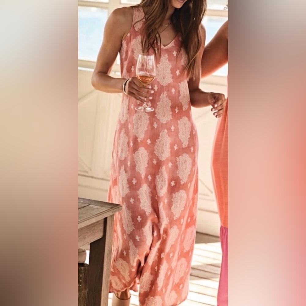 J. Jill Love Linen Coral Maxi Dress V-Neck Pockets White Paisley Pattern NWT